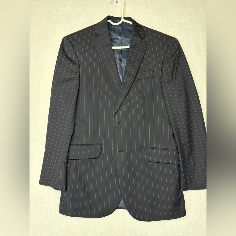 Hickey Men's Two-Button Striped Worsted Wool Sport Coat Blazer, Navy, 38S